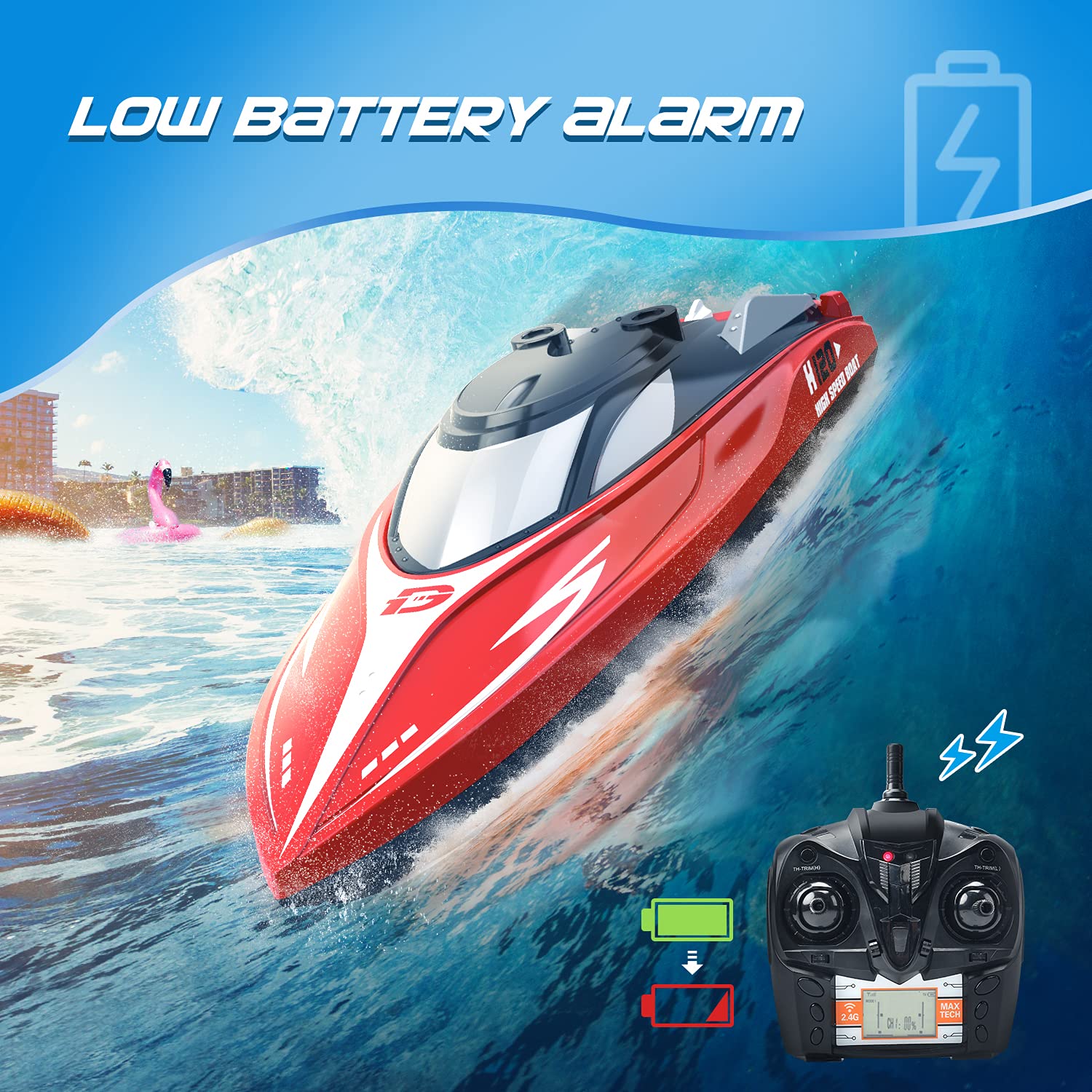 DEERC H120 RC Boat 20+ MPH, Fast Remote Control Boats for Pools and Lakes, 2.4 GHz Racing Boats for Kids & Adults with Rechargeable Battery,Low Battery Alarm,Capsize Recovery,Gifts for Boys Girls