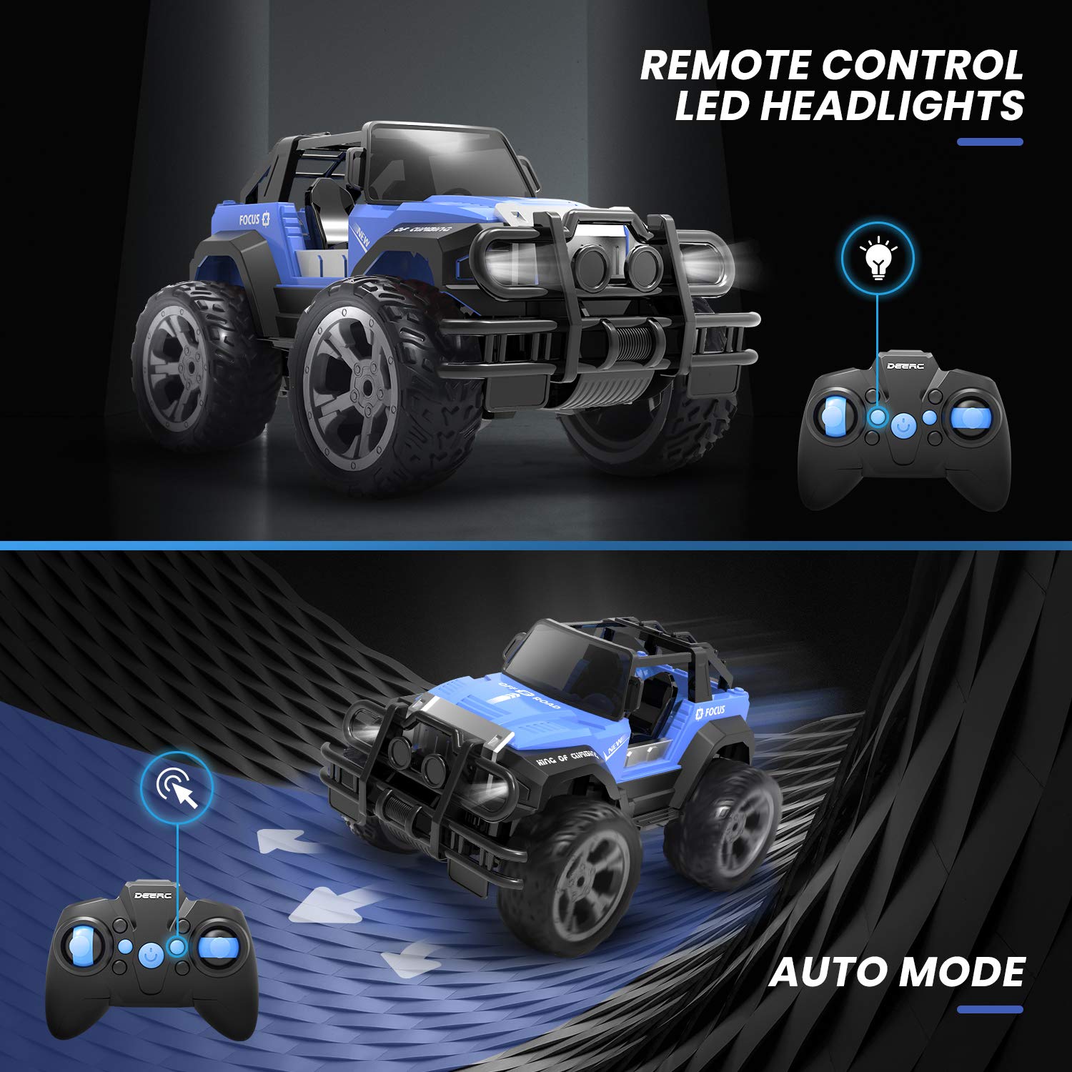 DEERC DE42 Remote Control Car RC Racing Cars,1:18 Scale 80 Min Play 2.4Ghz LED Light Auto Mode Off Road RC Trucks with Storage Case,All Terrain SUV Jeep Cars Toys Gifts for Boys Kids Girls Teens,Blue