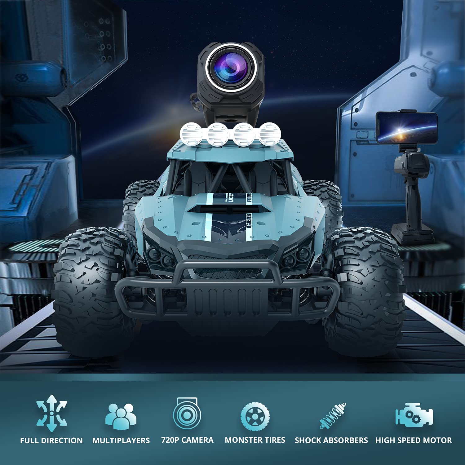 DEERC Remote Control Truck With Fog Mist & Music - 1:16 Scale 2.4Ghz RC Car For Boys With 2 Batteries