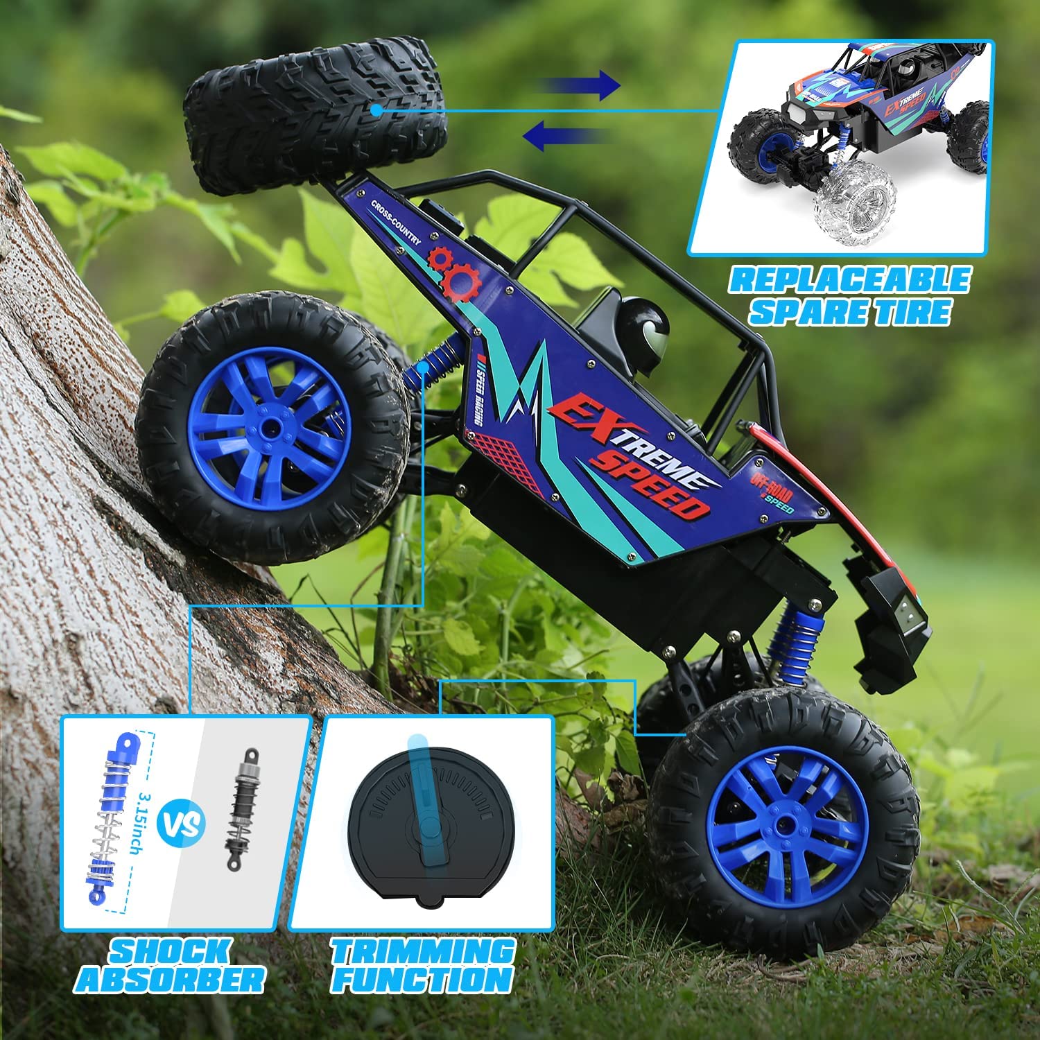 DEERC DE60 Large 1:8 Scale Upgraded RC Cars Remote Control Car for Adults Boys,Off Road Monster Truck with Realistic Sound,2.4Ghz 4WD Rock Crawler Toy All Terrain Climbing,2 Batteries for 80 Min Play