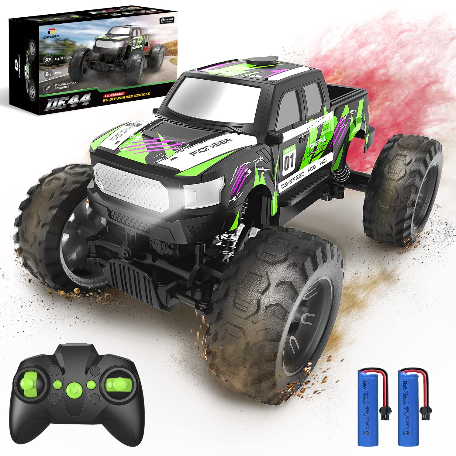 DEERC DE44 Remote Control Monster Truck with Fog Mist, Dual Motors Off Road RC Car, 4WD Rock Crawler with LED Lights, Spray Water Mist, 70+ Min Play, Toy Vehicle for Boys Girls and Adults