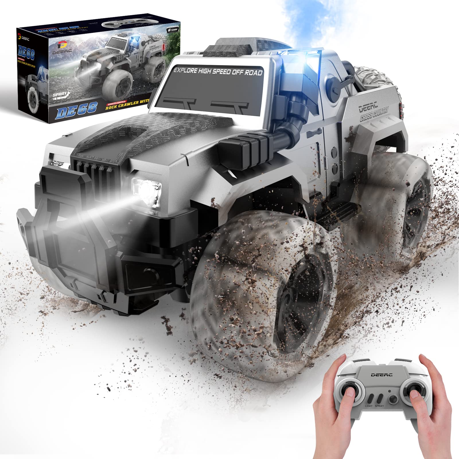 DEERC DE68 Remote Control Truck, RC Car with Spray, Snorkel and LED Lights, 60+ Mins Playtime, Off Road SUV, All Terrain Rock Crawler, Toy Vehicle for Boys Girls and Adults