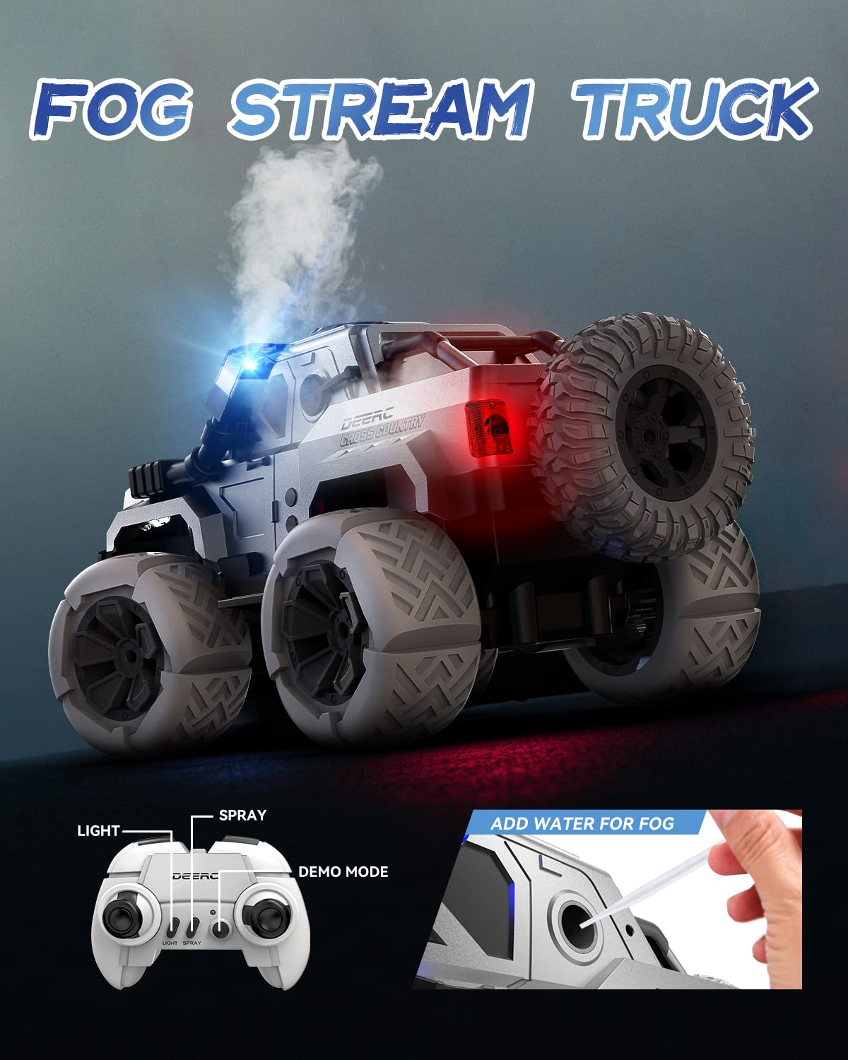 DEERC DE68 Remote Control Truck, RC Car with Spray, Snorkel and LED Lights, 60+ Mins Playtime, Off Road SUV, All Terrain Rock Crawler, Toy Vehicle for Boys Girls and Adults