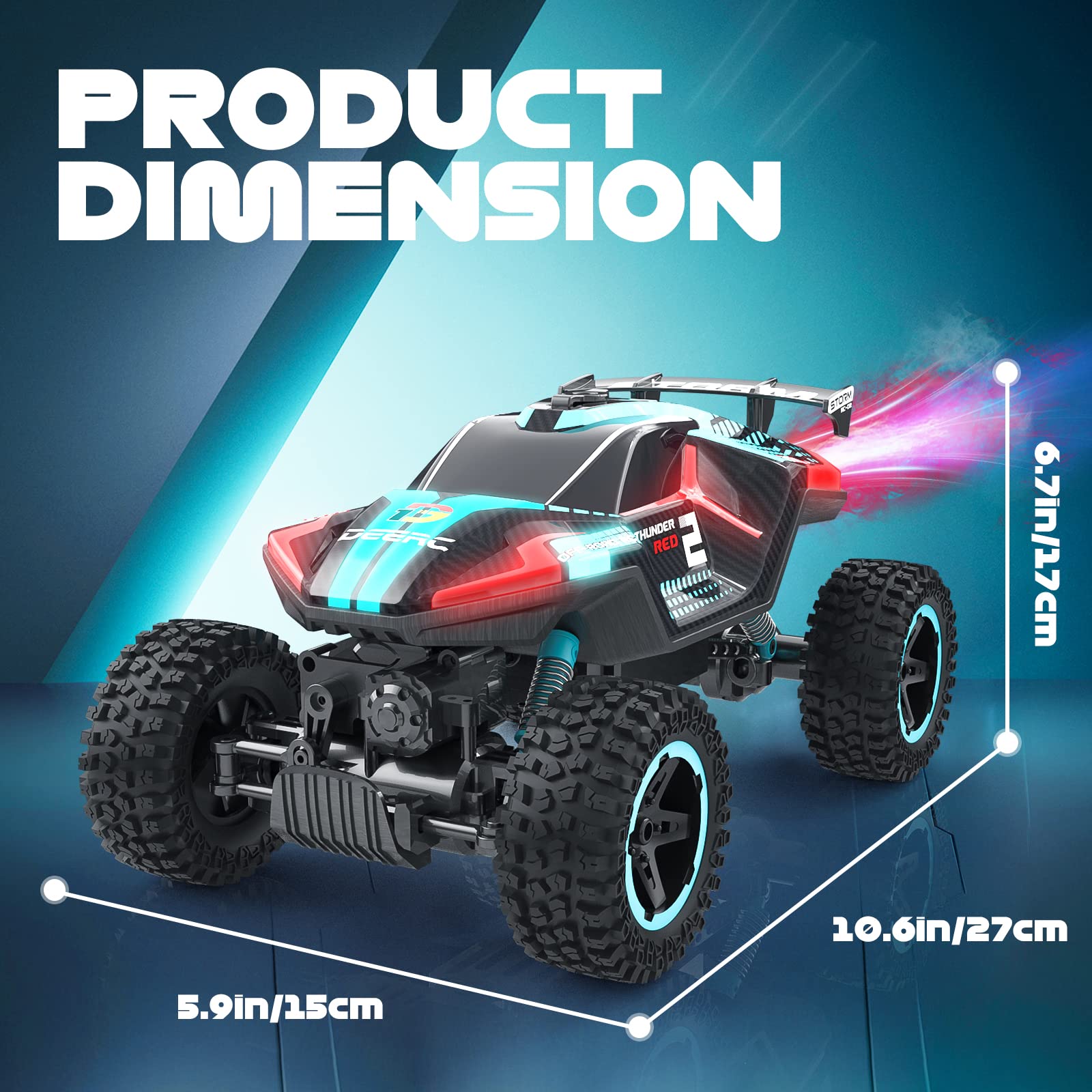 DEERC DE69 Remote Control Truck with Spray and Light, 5 LED Light Modes, Dual Motors Off Road RC Car, 4WD Rock Crawler, Spray Water Mist, 35+ Min Play, Toy Vehicle for Boys Girls and Adults