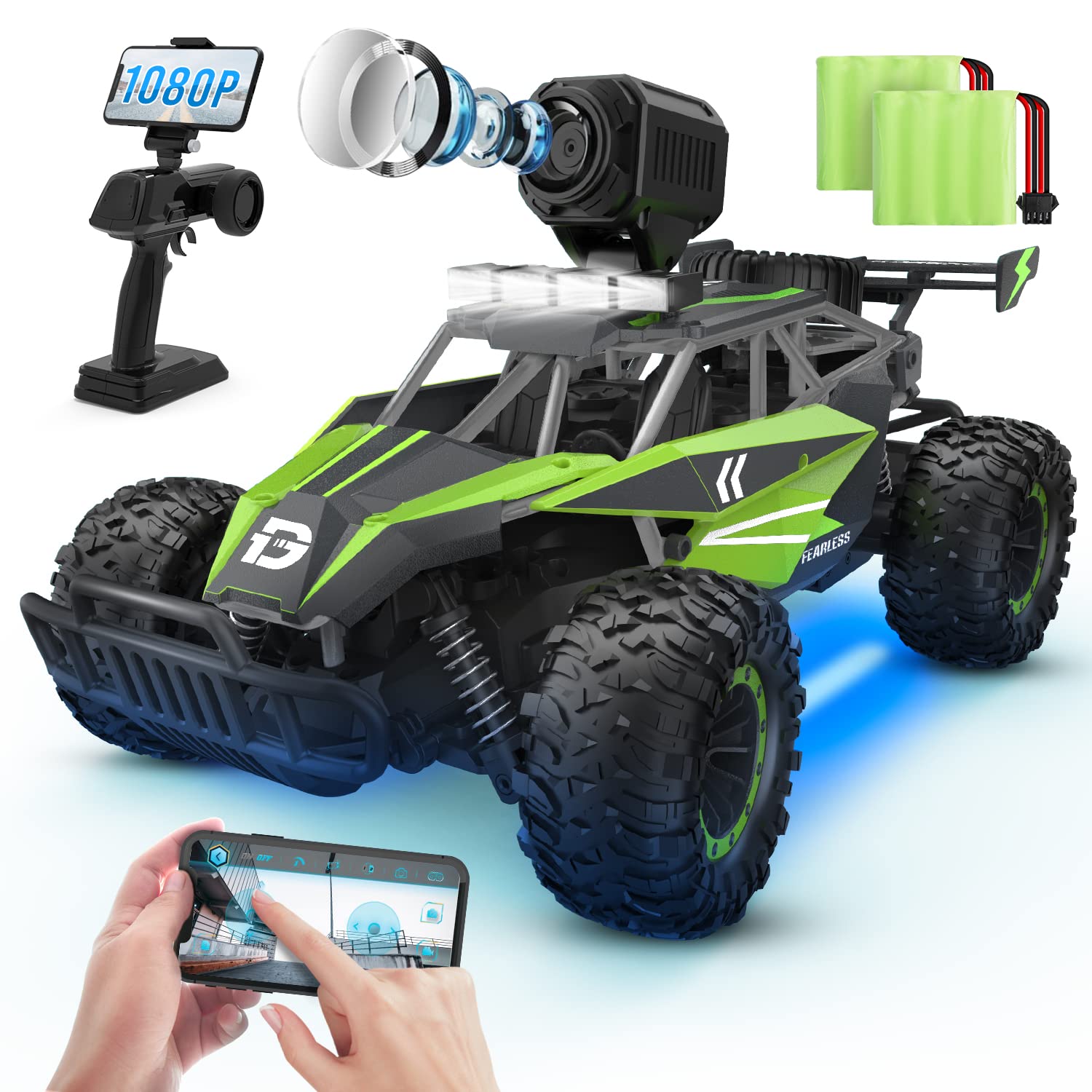 DEERC DE65 Remote Control Car with 1080P HD Camera,1:16 Scale RC Cars with LED Chassis Light&Headlights, 2.4Ghz High Speed Monster Truck Toy Vehicle, 2 Batteries for 60 Mins Play, Gift for Kids Boys