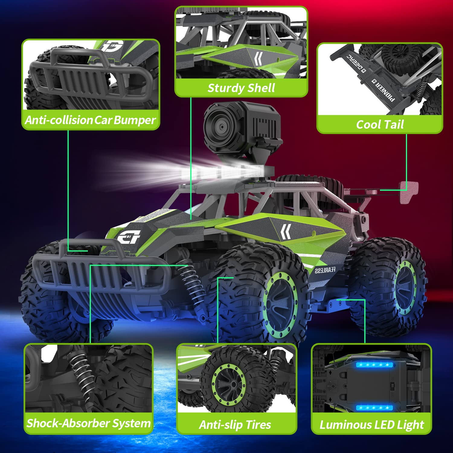 DEERC DE65 Remote Control Car with 1080P HD Camera,1:16 Scale RC Cars with LED Chassis Light&Headlights, 2.4Ghz High Speed Monster Truck Toy Vehicle, 2 Batteries for 60 Mins Play, Gift for Kids Boys