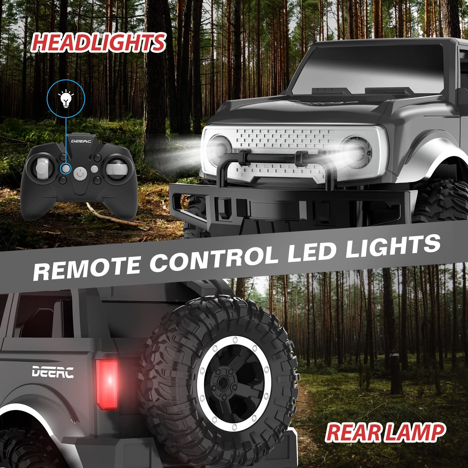 DEERC DE49 RC Cars Remote Control Car, 160 Mins Play SUV Cars Toys,2.4Ghz 1:18 Scale All-Terrain Monster Trucks with LED Headlights, Auto Demo Mode Off-Road Jeep Crawler Gifts for Boys Girls Kids,Grey